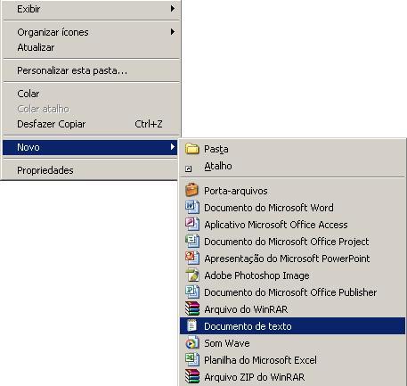1- Para criar este arquivo, acesse o diretório do sistema: C:\Group\Vb\Trab\Laudo32. 2- Clique com o botão direito do mouse na opção Novo/ Documento de texto. 3- Defina seu nome como inibd.txt.