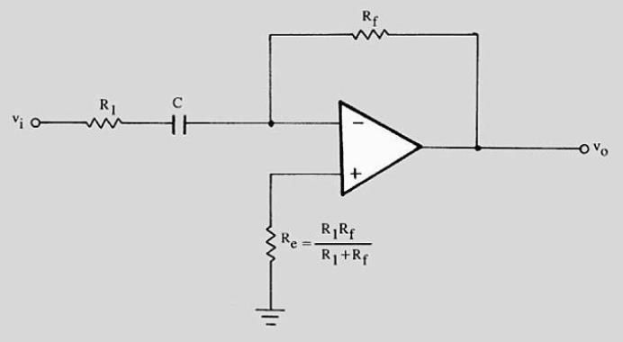 Diferenciador prático Na prática, o circuito diferenciador é sensível a ruído, tendendo a saturar (como a reatância capacitiva é inversamente proporcional à frequência, se f for muito alto, a