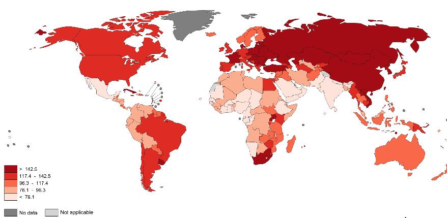 6.6 Incidência estimada do cancro no mundo em 2012: homem Figura 3 Fonte World Health Organization - Estimativas de taxas padronizadas por idade (mundo) por cada 100.000 6.