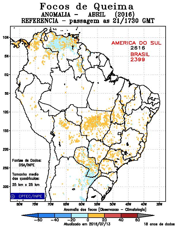 Para maiores detalhes, ver http://sigma.cptec.inpe.br/queimadas/faq.php Em abril/2016 foram registrados pelo satélite de referência AQUA da NASA, 3.