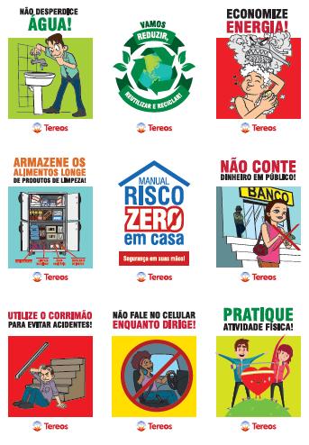 Manual Risco Zero em Casa, uma cartela de adesivos, redutores de vazão e um imã de geladeira. Cartela de adesivos distribuída 5.