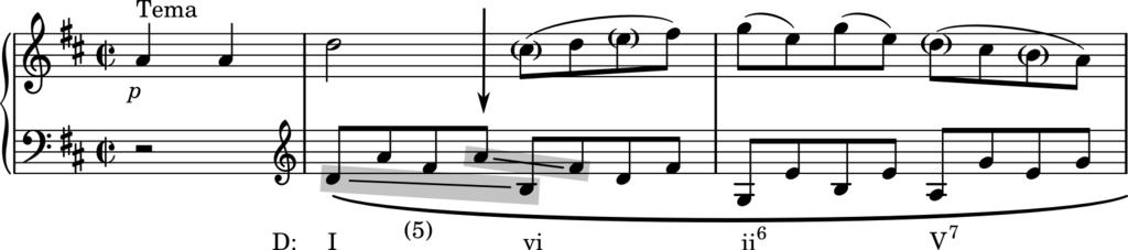 Exemplo 5-19 Quintas ou oitavas diretas (ou escondidas) ocorrem quando as vozes externas movem-se na mesma direção para uma 5J ou 8J, com salto na parte do soprano.