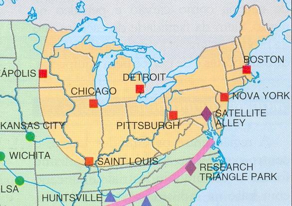 A indústria norte americana Desde o processo de colonização, as atividades industriais estavam localizadas no Nordeste dos Estados Unidos.
