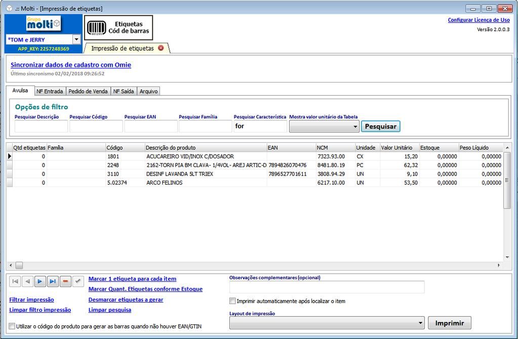 Imprimindo etiqueta Avulsa Esta opção permite imprimir etiquetas com base na seleção e filtro do cadastro de produtos Omie. a.) Clique na aba Avulsa ; b.