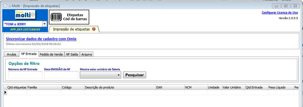 Imprimindo etiqueta via Nota Fiscal de Entrada (Compras) Esta opção busca os itens de uma nota fiscal de entrada (compras). a.) Clique na aba NF Entrada ; b.