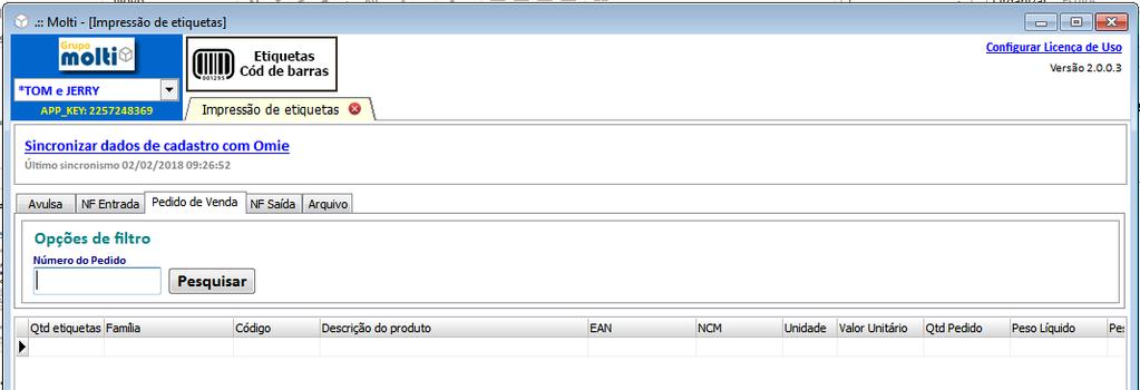 Imprimindo etiqueta via Pedido de Venda Esta opção busca os itens de uma nota fiscal de entrada (compras). a.) Clique na aba Pedido de Venda ; b.) Informe o número do Pedido de Venda Omie; c.