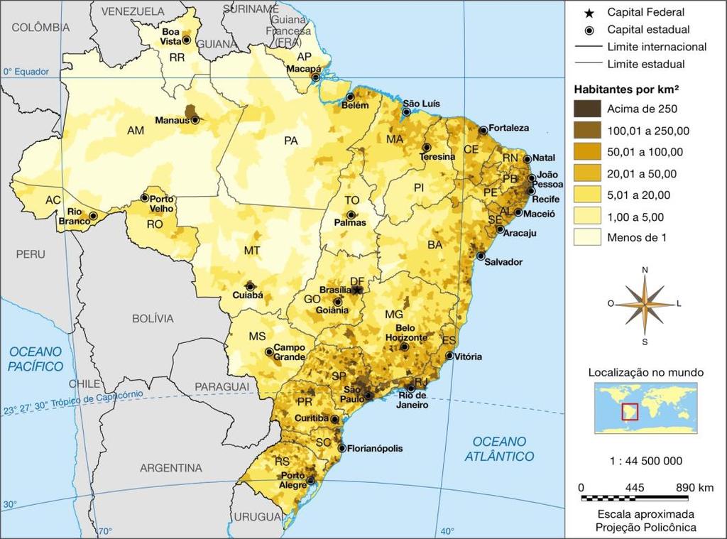 Questão 04- Observe o mapa. Brasil Densidade demográfica Fonte: IBGE. Sinopse do Censo Demográfico 2010. Disponível em: <http://www.ibge.gov.br/home/estatistica/populacao/censo2010/sinopse.pdf>.