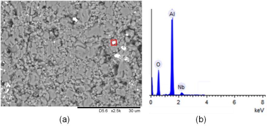 Fig. 2. Imagem (MEV- 2500x) da superfície da amostra de alumina pura (0% Nb 2 O 5 ), sinterizada a 1450 C (a) e o respectivo espectro EDS (b). Fig. 3.