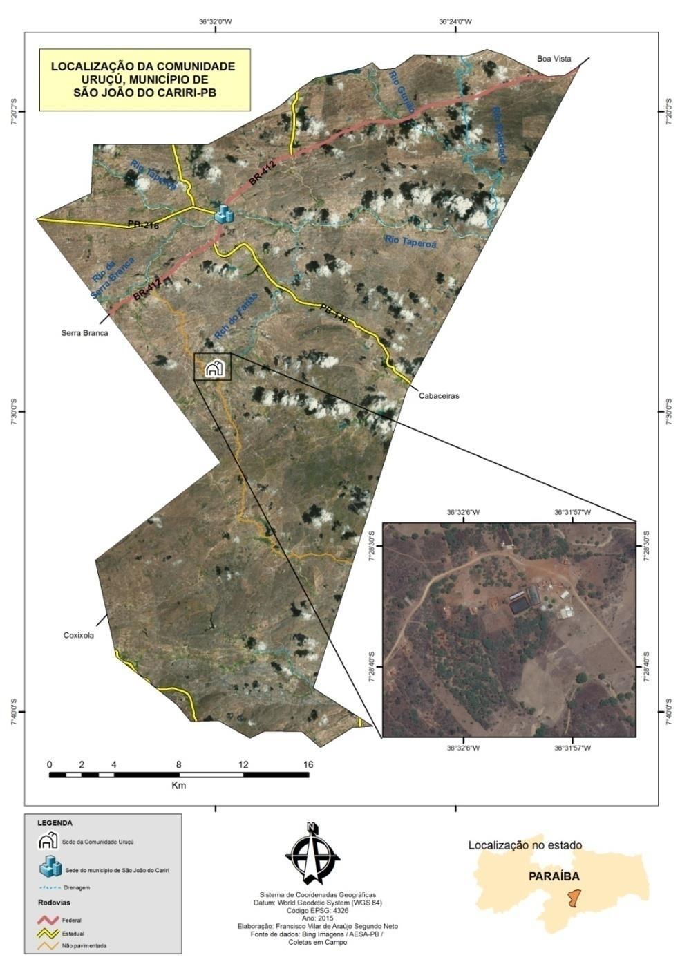 Mapa 01 Localização da área de estudo O município de São João do Cariri, onde está localizada a Comunidade Uruçú, apresenta em seu conjunto de paisagens baixos índices pluviométricos, temperaturas