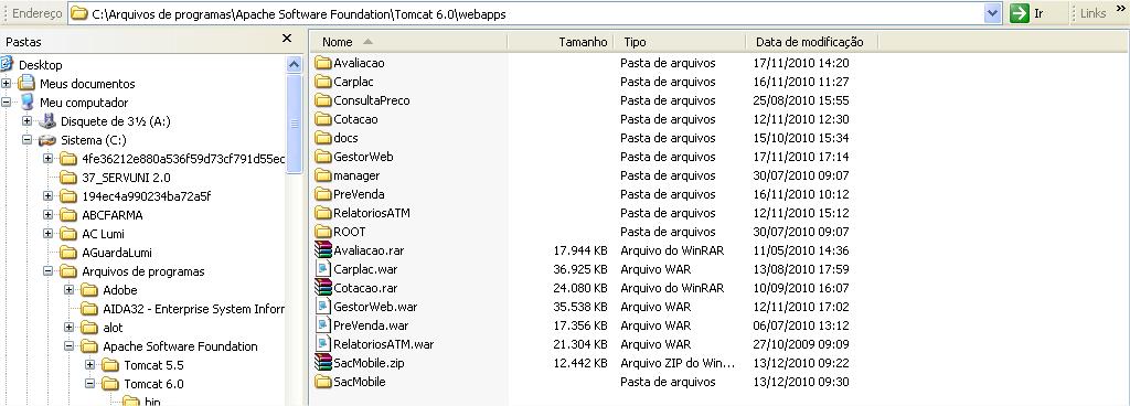 Figura 9 Tela para Startar o Tomcat Após o download do programa, copie o arquivo SacMobile.