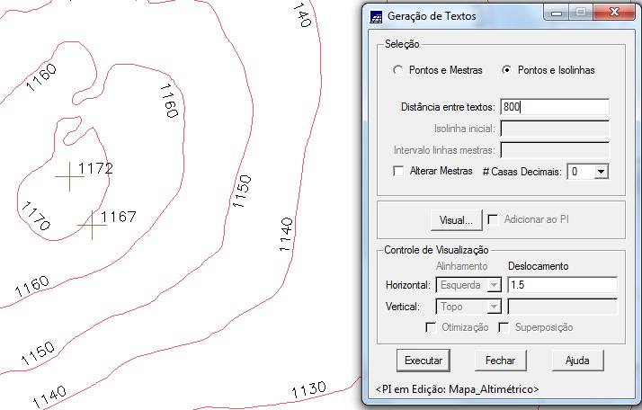 isolinhas e pontos cotados foram plotados sobre as geometrias.