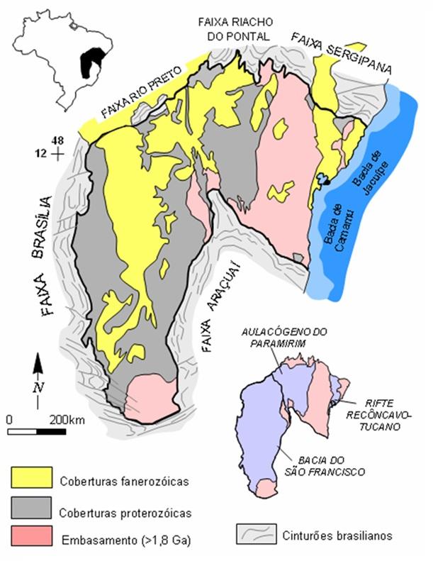 21 sedimentar, localizadas nas porções central e oeste do cráton compreendem a Bacia do São Francisco, o Aulacógeno do Paramirim e os sedimentos cretáceos da Formação Urucuia.