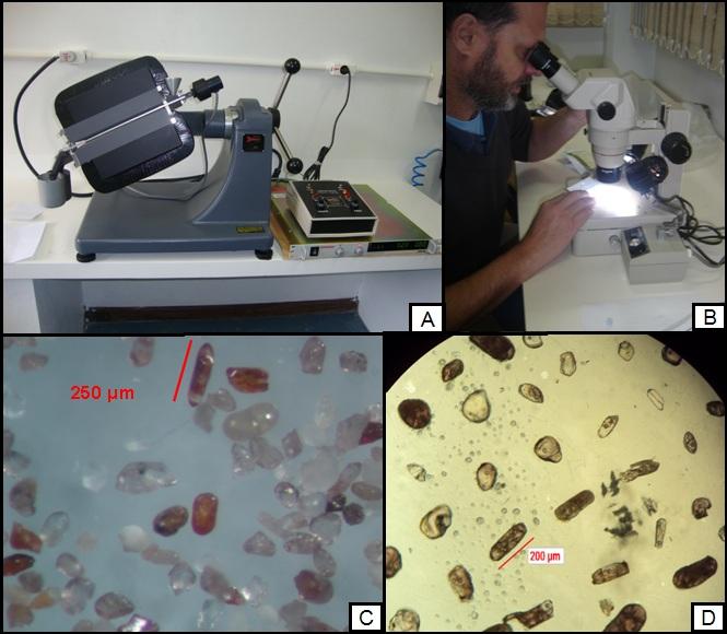 39 D) Visualização dos minerais pesados e leves na placa de petry; E) Concentrados de minerais leves e pesados, separados. F) Concentrados na estufa.