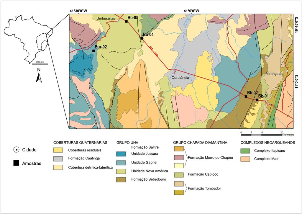 50 Figura 20 - Mapa geológico da área de estudo e localização das amostras coletadas e analisadas. 4.2.1 Amostra Bb-01 Formação Bebedouro (Grupo Una) A amostra Bb-01 (313237E, 8774589N) foi analisada por LA-ICPMS.