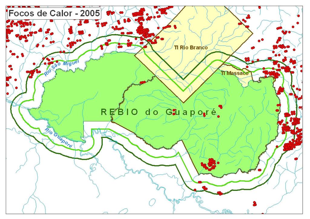 Anais XIII Simpósio Brasileiro de Sensoriamento Remoto, Florianópolis, Brasil, 21-26 abril 2007, INPE, p. 4439-4446. Figura 4. Focos de calor detectados por ano na REBIO do Guaporé.