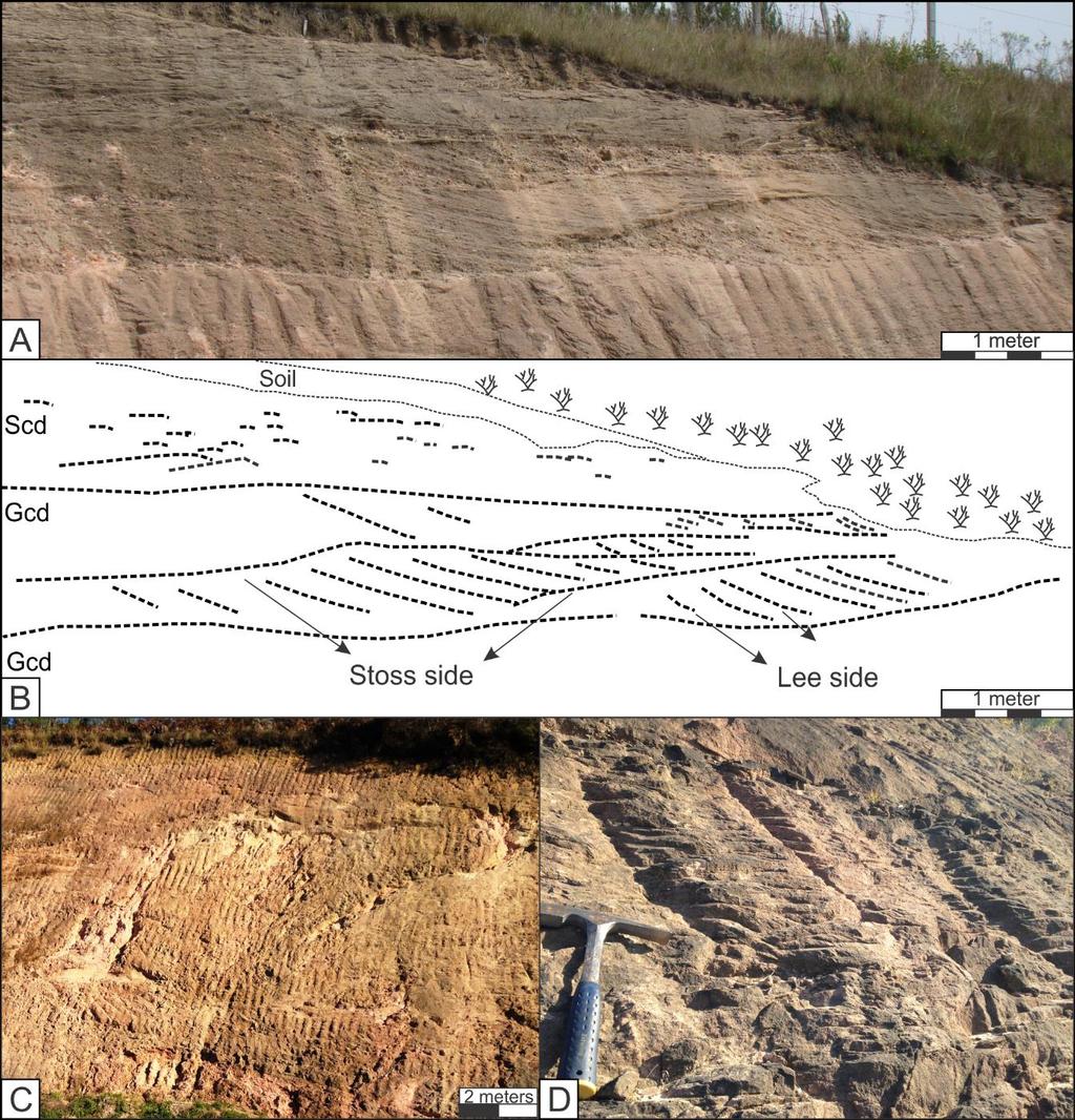 54 by traction-plus-fallout such as sandstones and conglomerates with climbing dunes/ripples and muddier deposits with soft-sediment deformation dominate.