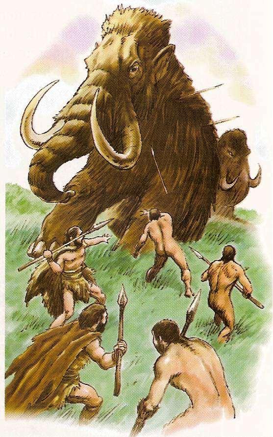 -Os homens do Paleolítico caçavam animais grandes, como os mamutes e os cangurus gigantes, e outros menores, como a gazela.