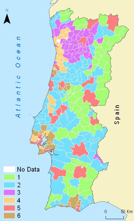 CLUSTERS 6 grupos de concelhos representando combinações de diferentes níveis e