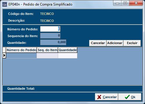 O campo Número do pedido possui opção de pesquisa através do botão F2, e assim que preenchido, automaticamente completa os campos sequencia do item e Quantidade, permitindo alteração caso necessário.