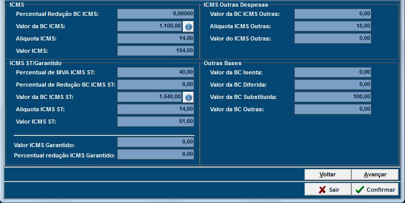 A seguir são apresentados os valores calculados para o item: O botão ao lado dos campos de base de calculo