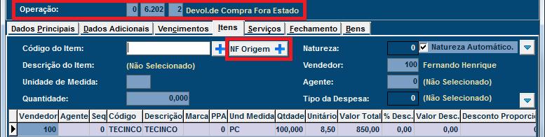 A seleção dos itens também pode ser feita com auxilio dos botões e, sendo que quando utilizado o botão Marcar Todos da Nota, todos os itens terão o campo Devolver definido como SIM e suas quantidades