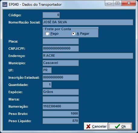 do cliente no lugar de O Mesmo, há também a possibilidade de pesquisar um transportador já cadastrado através do botão Pesquisa(F2) ou cadastrar outro através do botão de atalho.