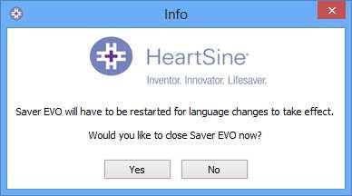 Ao clicar em Apply" (Aplicar), a seguinte tela será exibida. O Saver EVO terá que ser reiniciado para que as alterações de idioma entrem em vigor.
