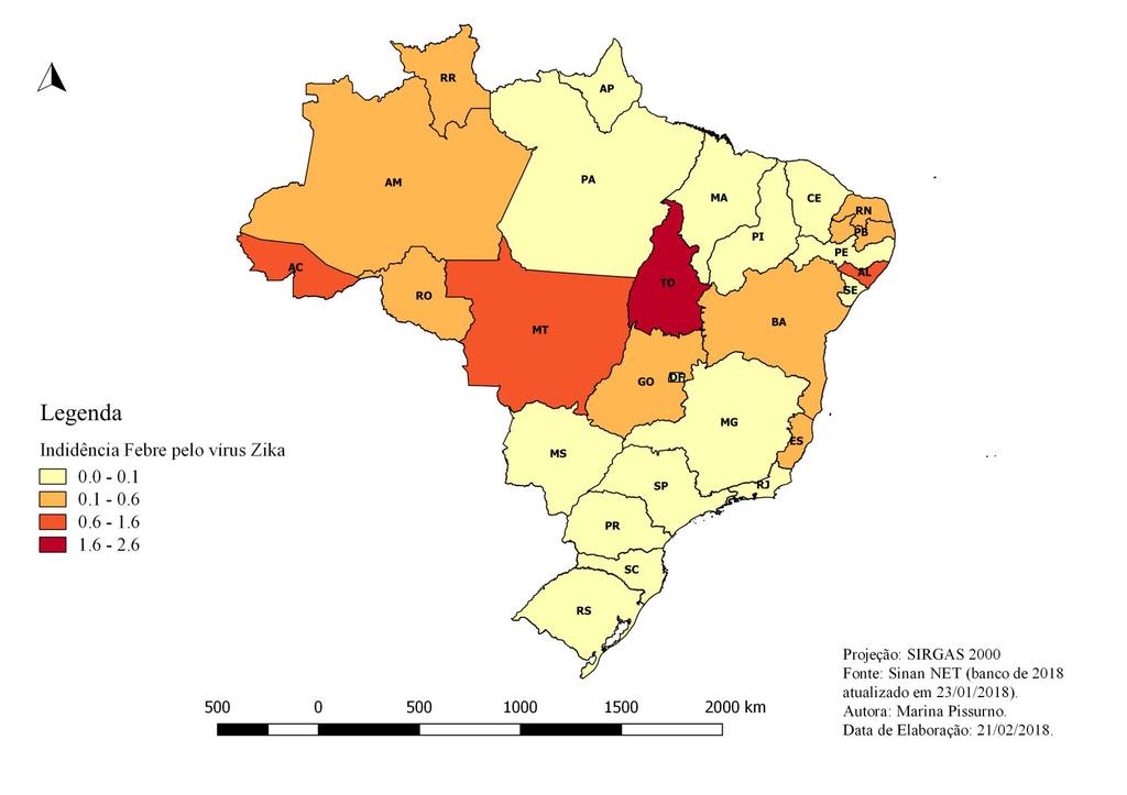 Mapa 3- Incidência de Febre pelo Vírus Zika (/100 mil hab.