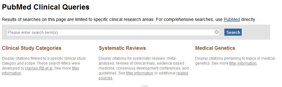 PubMed Clinical Queries Citações filtradas de estudos clínicos específicos.