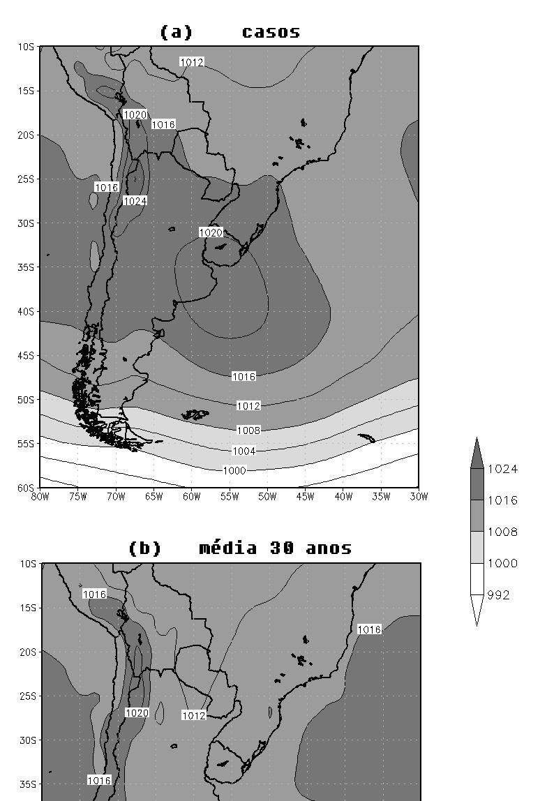 41 O campo médio de pressão ao nível do mar dos 108 casos configurou uma alta pressão de 1020 hpa, cujo centro localizou-se em 38 S/56 W, se estendendo sobre a Confluência Brasil-Malvinas e o Sul do