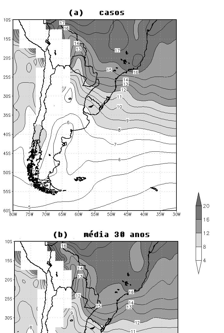 42 Nota-se que o campo médio de umidade específica dos casos (Figura 3.3a) pouco diferiu do climatológico (Figura 3.3b).