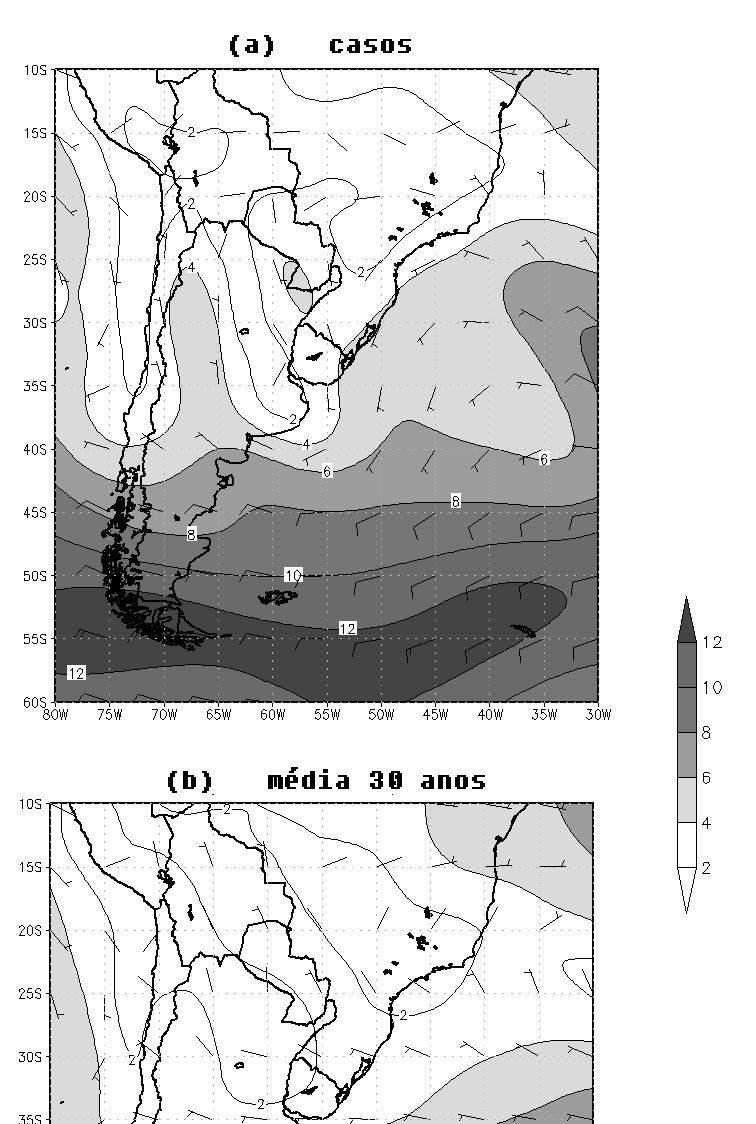 43 O campo médio de vento na camada 1000-700 hpa durante os casos teve como características um escoamento difluente do setor Sul, e de fraca intensidade, sobre o Sul do Brasil (Figura 3.4a).