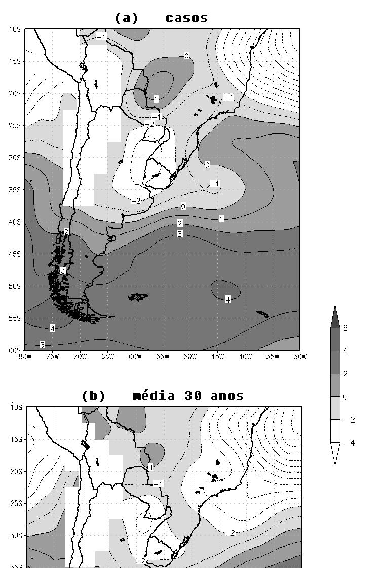 44 A configuração do campo do fluxo zonal de umidade (Figura 3.5a) sobre a região Sul do Brasil se assemelhou ao da média climatológica (Figura 3.5b).