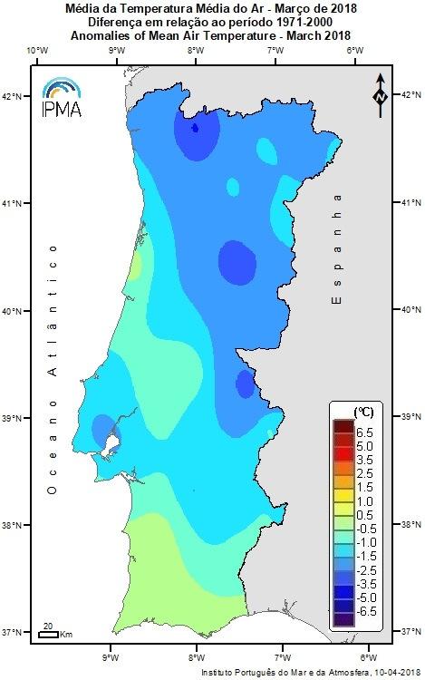 Os valores médios da temperatura média do ar foram inferiores ao normal em todo o território.