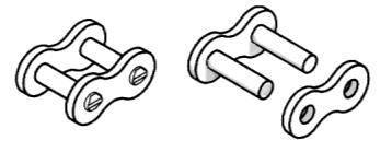 p passo [mm] l largura [mm] d diâmetro do rolete [mm] Lm distância entre as correntes em correntes múltiplas [mm] A corrente de rolo é composta de por partes simétricas com elos internos e externos