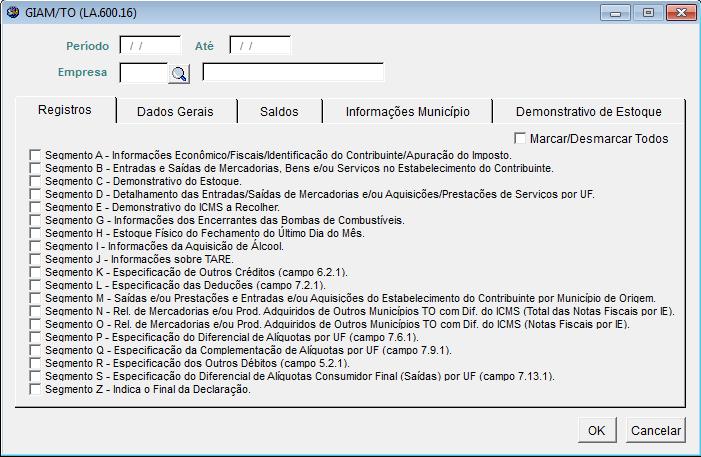 Aba Registros Esta tela tem como objetivo otimizar e agilizar a geração do arquivo permitindo selecionar quais Segmentos deseja gerar ou todos.