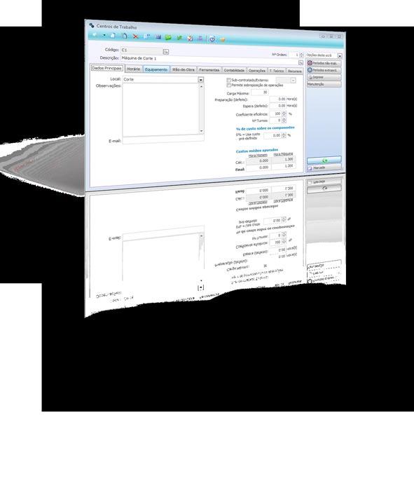 Principais funcionalidades Gestão dos centros de trabalho. Gestão dos períodos não-trabalháveis e extraordinários. Gestão de Fichas Técnicas (gamas operatórias e lista de materiais).