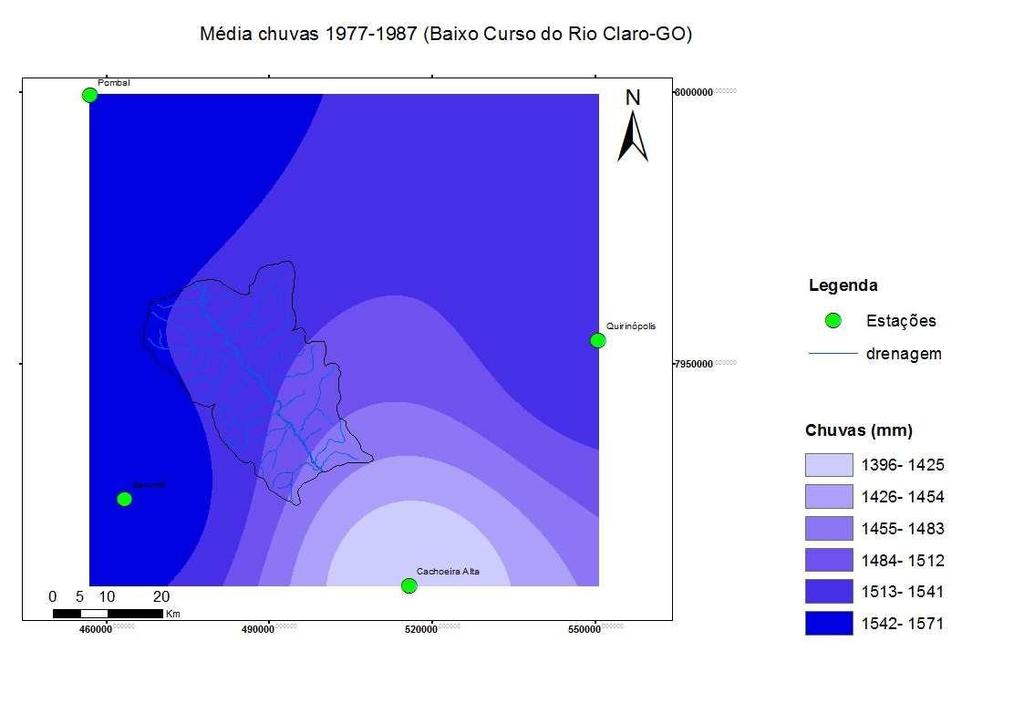 de chuvas para o período, enquanto as estações de Quirinópolis e Cachoeira Alta as menores médias de chuva. (Figura 2).