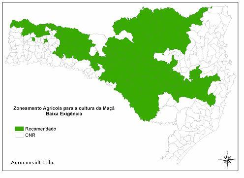 Figura 3 Cenário de zoneamento agrícola para a cultura da maçã alta (HF>700) e média exigência em frio (HF>550), com aumento de 2ºC nas temperaturas médias Figura 4 Zoneamento e cenário de zoneamento