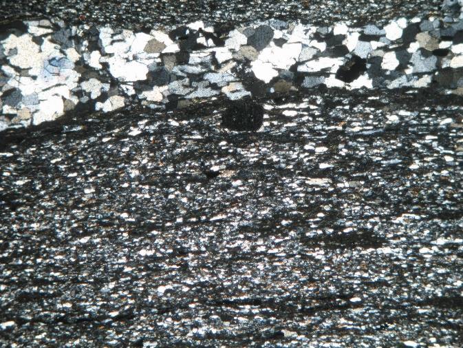 Largura da foto: 5mm Fotomicrografia de quartzo-biotita xisto com granada da amostra WF-AM47 mostrando textura granolepdoblástica. Exibe vênula rica em quartzo e plagioclásio. Nicóis cruzados.