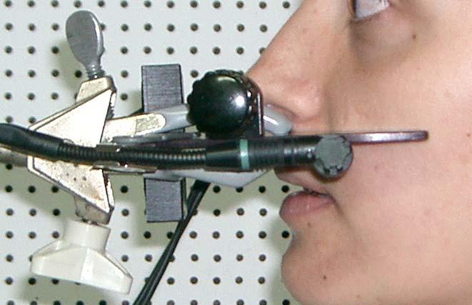 Posicionamento do indivíduo na placa separadora dos microfones do nasômetro,