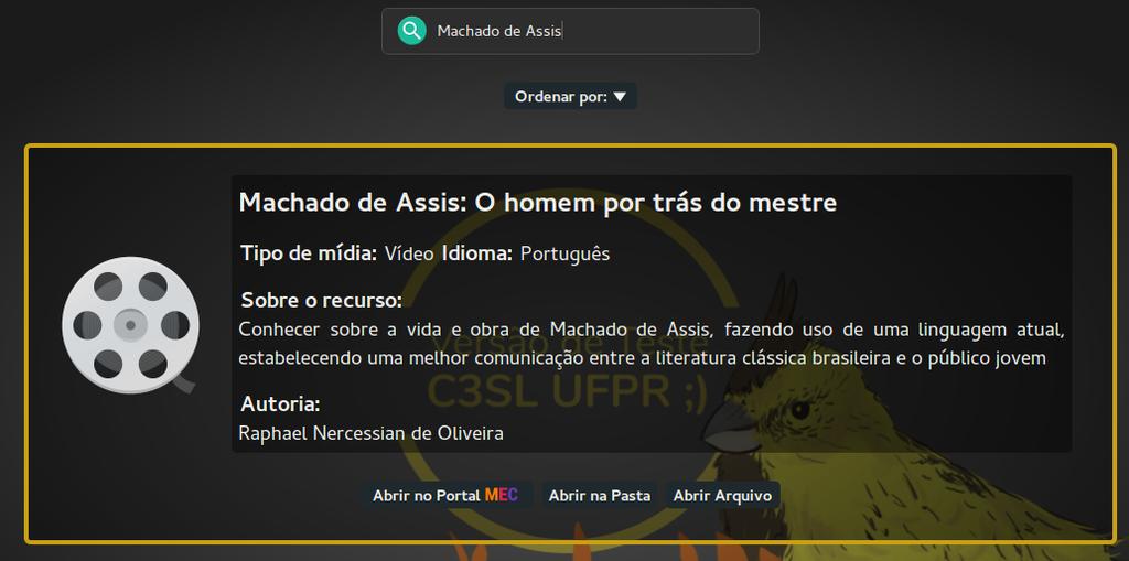 ), idioma, descrição, autoria e um ícone relacionado ao tipo de mídia. Figura 5.5: Exemplo de conteúdo educacional.