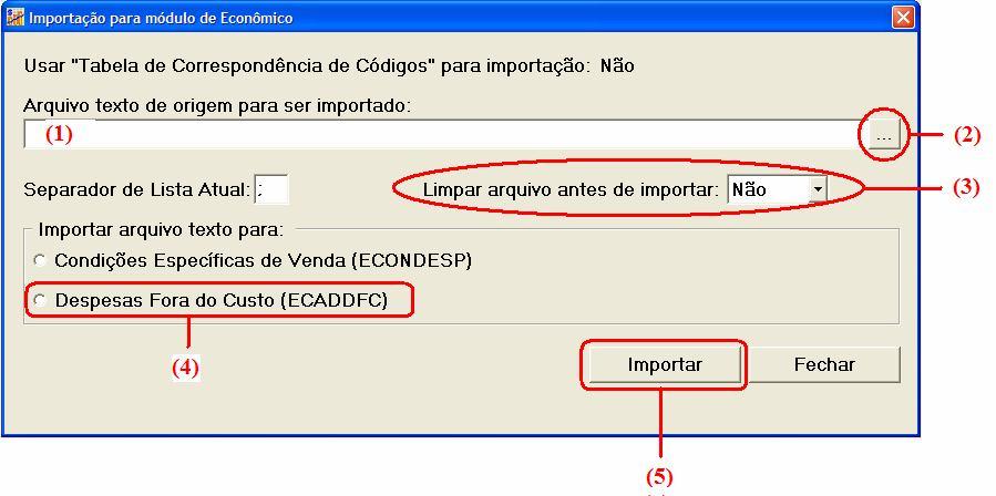 Na tela de importação informar os dados necessários nos campos conforme a legenda: (1) Local e nome do arquivo csv a ser importado.