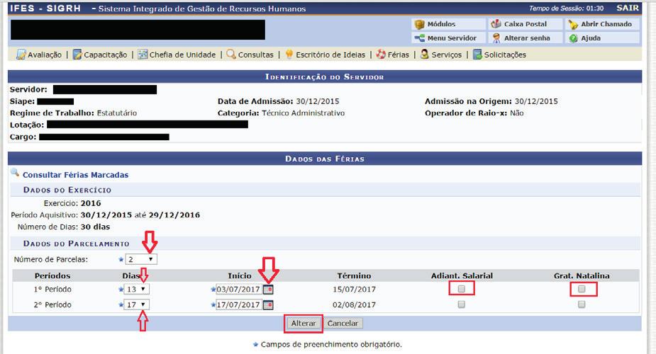 5.2 Ao clicar em alterar, aparecerá a tela seguinte em que se pode trocar a quantidade de parcelas, a quantidade de dias de cada parcela e a data de início de cada uma, além de incluir adiantamento