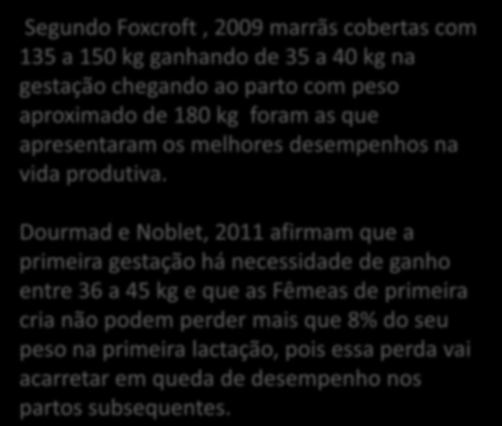 GESTAÇÃO Segundo Foxcroft, 2009 marrãs cobertas com 135 a 150 kg ganhando de 35 a 40 kg na gestação chegando ao parto com