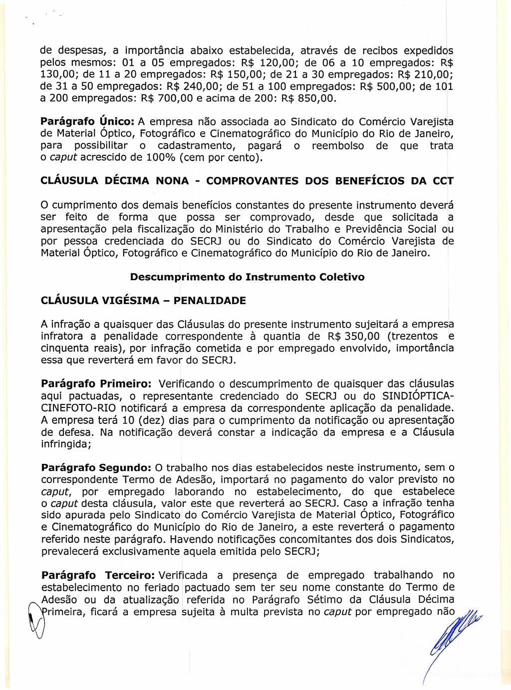 de despesas, a importância abaixo estabelecida, através de recibos expedidos pelos mesmos: 01 a 05 empregados: R$ 120,00; de 06 a 10 empregados: R$ 130,00; de 11 a 20 empregados: R$ 150,00; de 21 a