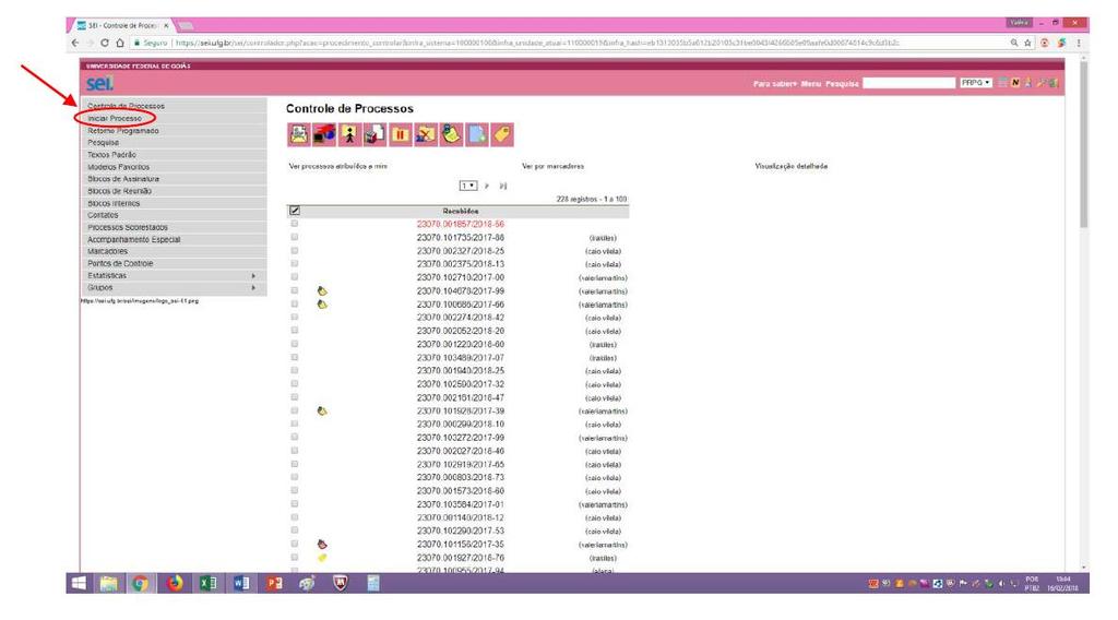 No menu principal do lado esquerdo, clicar em INICIAR PROCESSO