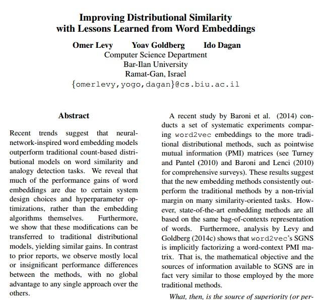 Levy, O., Goldberg, Y., & Dagan, I. (2015). Improving distributional similarity with lessons learned from word embeddings.