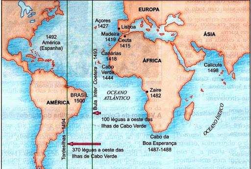 Brasil, foi assinado o Tratado de Tordesilhas, tomando por base o meridiano que passava a 370 léguas a oeste das ilhas de Cabo Verde, ficou estabelecido que os domínios espanhóis eram aqueles