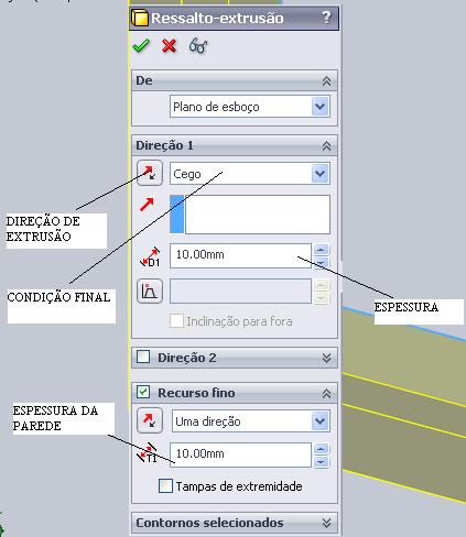 Comandos do ambiente de peça Ressalto/base extrusão: Escolha o plano para esboço Confeccione o esboço Clique em sair do esboço Escolha em